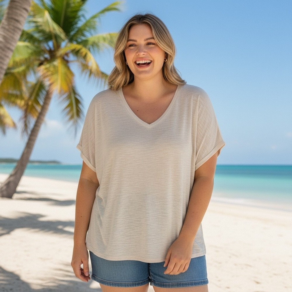 Bloomchic Plus Size Beige V Neck Dolman Sleeve Top Linen Blend Casual Size 22 24